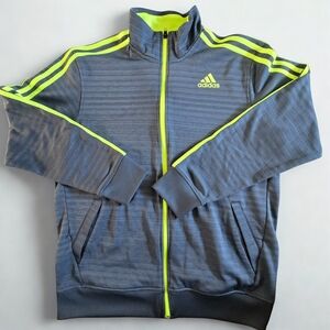 Adidas Climalite Zip Up Jacket Mens Sz L Gray w/green Stripes Long Sleeve